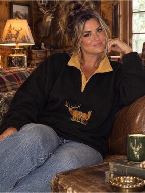 Vintage Black and Tan Quarter-Zip Pullover Deer Embroidery Buck & Doe Large/XL